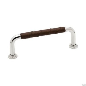 Länglicher Möbelgriff 1353 96 Silber Nickel Poliert Braun Naturleder