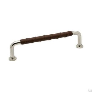 Länglicher Möbelgriff 1353 128 Silber Nickel Poliertes braunes Naturleder