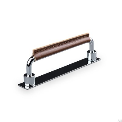 Asissi Stitched 128 oblong furniture handle Polished Chrome with Brown Leather