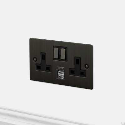 Gniazdo podwójne z USB 3.1A Typ G UK 2G Mosiężne Palony Brąz Standard Brytyjski