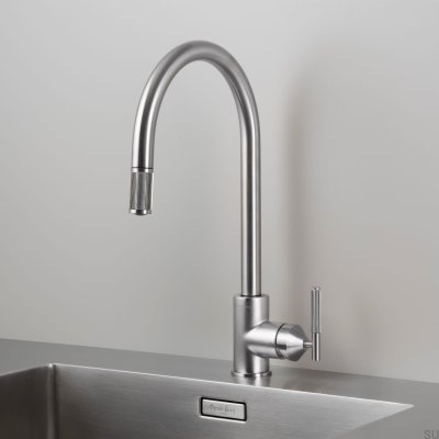 Bateria kuchenna z wyciąganą wylewką Mixer Linear Mosiężna Srebrna ze Złączem Europejskim