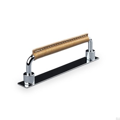 Uchwyt meblowy podłużny Asissi Stitched 128 Chrom Polerowany z Jasną Brązową Skórą