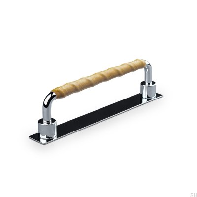 Uchwyt meblowy podłużny Asissi Wrapped 128 Chrom Polerowany z Jasną Brązową Skórą