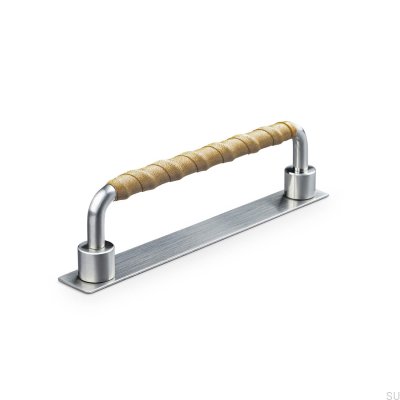Uchwyt meblowy podłużny Asissi Wrapped 128 Srebrny Szczotkowany z Jasną Brązową Skórą