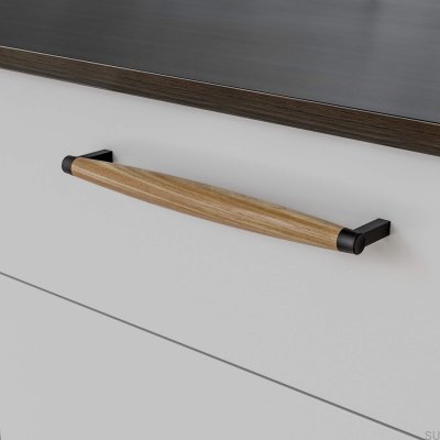 Uchwyt meblowy podłużny Hjo 256 Metalowy Czarny Mat z Drewnem Dębowym
