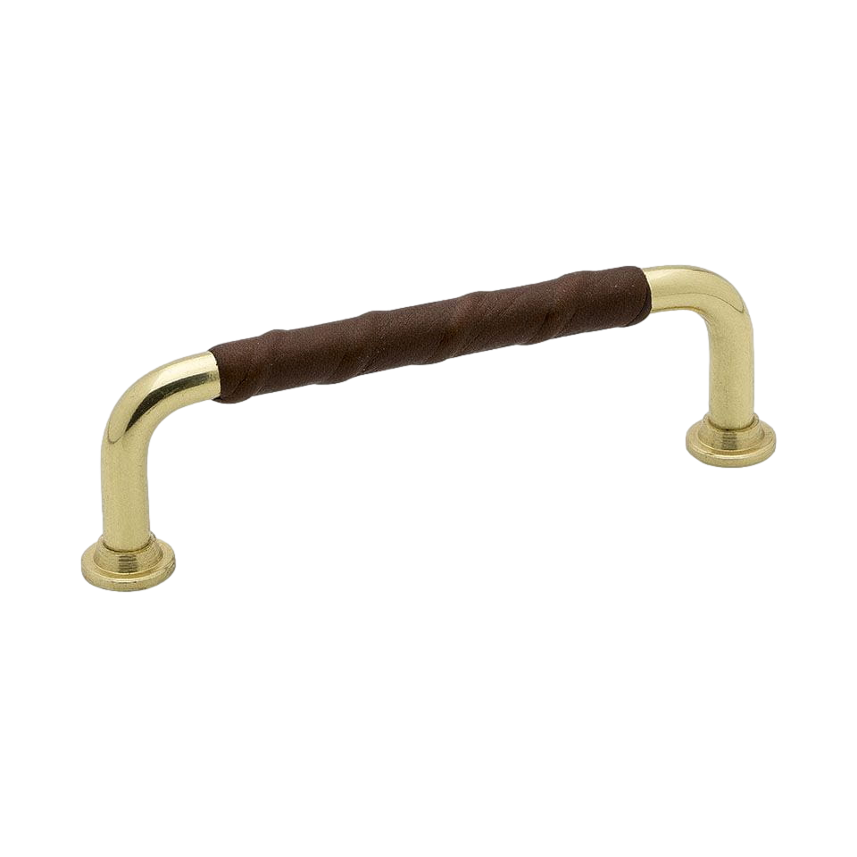 Uchwyt meblowy podłużny 1353 mosiężny ze skórzaną brązową wstawką od Beslag Design