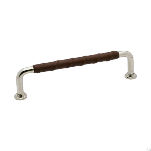 Uchwyt meblowy podłużny 1353 z niklu ze skórzaną brązową wstawką od Beslag Design