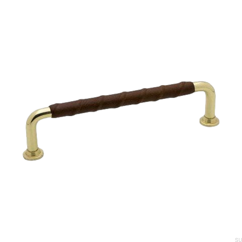 Uchwyt meblowy podłużny 1353 mosiężny ze skórzaną brązową wstawką od Beslag Design