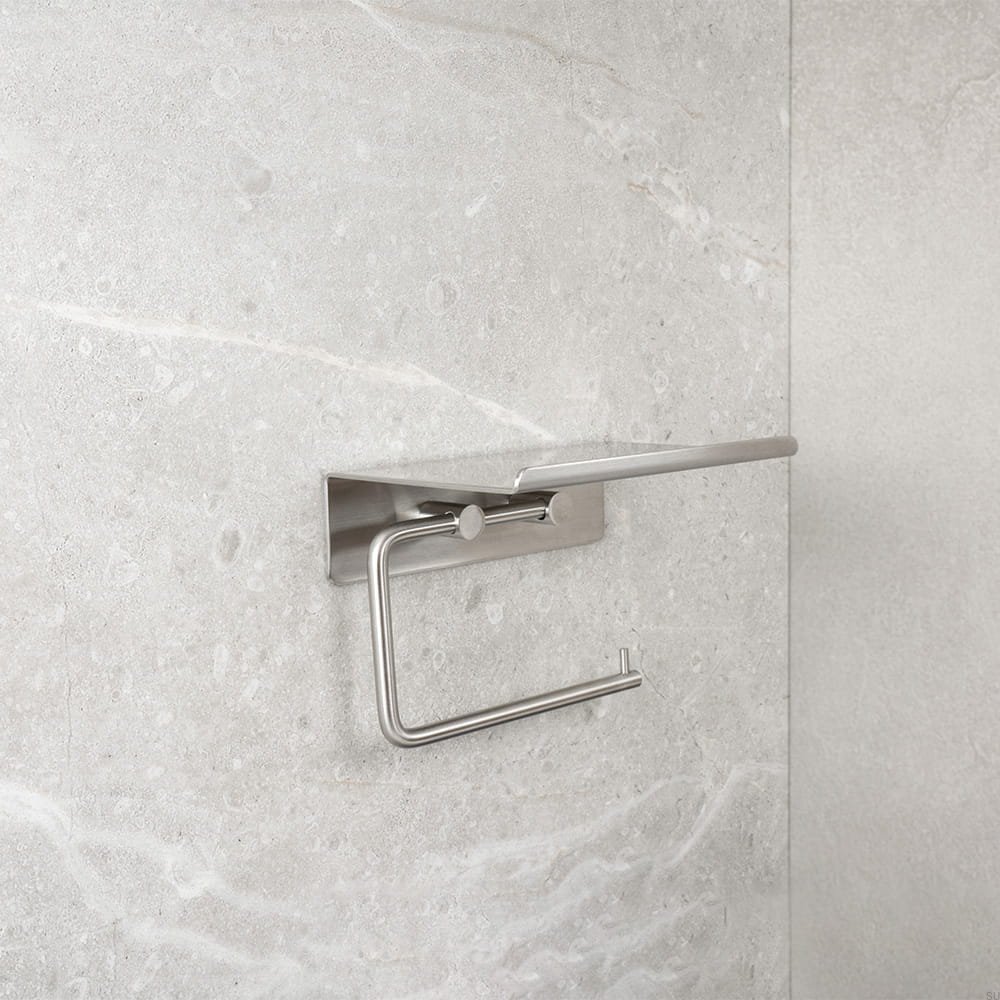 60606-41--Uchwyt na papier toaletowy z półką Base Stalowy Szczotkowany Beslag Design