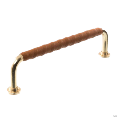 Uchwyt meblowy podłużny 0131LL 1353 128 Mosiężny polerowany z brązową skórą