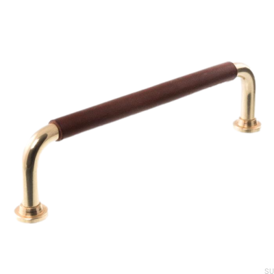 Uchwyt meblowy podłużny 0132LS 1353 128 Mosiężny Polerowany z Brązową Skórą