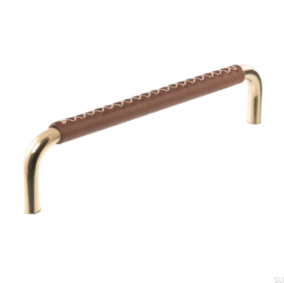 Uchwyt meblowy podłużny 7353 96 Mosiężny Polerowany z Brązową Skórą