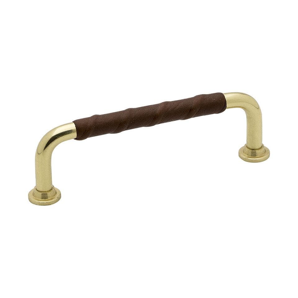 Uchwyt meblowy podłużny 1353 mosiężny ze skórzaną brązową wstawką od Beslag Design