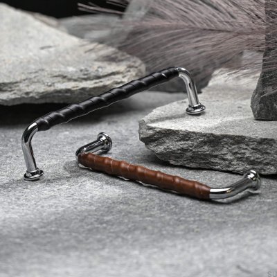 Uchwyt meblowy podłużny Burano Wrapped 128 Chrom Polerowany z Czarną Skórą