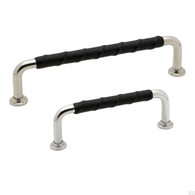 Uchwyt meblowy podłużny 1353 128 Srebrny Nikiel Polerowany Czarna skóra naturalna