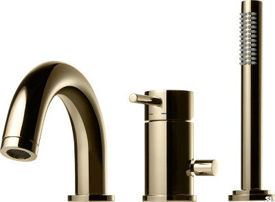 Bateria wannowa trzyotworowa z wylewką i słuchawką prysznicową BI047 Mosiężna Polerowana