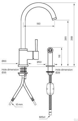 Bateria kuchenna dwuotworowa z prysznicem EVO200 Mosiężna Nikiel Szczotkowany