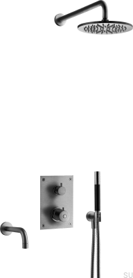 Zestaw prysznicowy z termostatyczną baterią ciśnieniową i wylewką wannową BOX7368 ED2 Mosiężny Czarny Chrom Szczotkowany