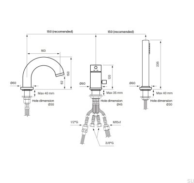 Bateria wannowa trzyotworowa z wylewką i słuchawką prysznicową BI047 Mosiężna Miodowe Złoto