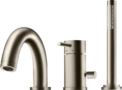 Bateria wannowa trzyotworowa z wylewką i słuchawką prysznicową BI047 Mosiężna Niklowana Szczotkowana