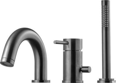 Bateria wannowa trzyotworowa z wylewką i słuchawką prysznicową BI047 Mosiężny Czarny Chrom Szczotkowany