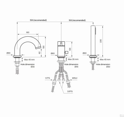 Bateria wannowa trzyotworowa z wylewką i słuchawką prysznicową BI047 Miedziana Szczotkowana Nielakierowana