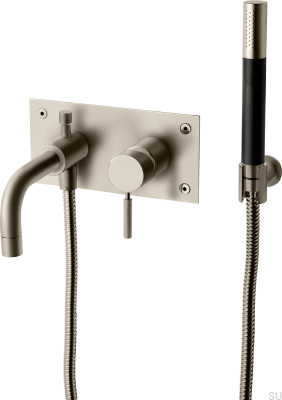 Bateria wannowo-prysznicowa ze słuchawką i wężem BOX026 Mosiężna Nikiel Szczotkowany z Czarnym