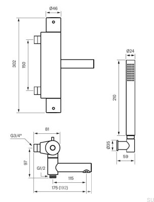  Bateria wannowo-prysznicowa termostatyczna EVM026-150 Mosiężna Greige