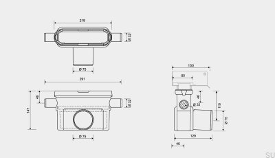 Moduł odpływowy z poziomym wylotem 75 mm z wyjmowanym syfonem i dwoma bocznymi przyłączami