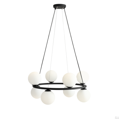Lampa wisząca Krone 8 Metalowa Czarna z Mlecznym Kloszem