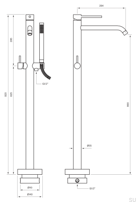 Bateria wannowa stojąca ze słuchawką prysznicową EVM032 Mosiężna Polerowana Nielakierowana