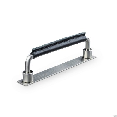 Uchwyt meblowy podłużny Asissi Stitched 128 Metalowy Srebrny Szczotkowany z Czarną Skórą