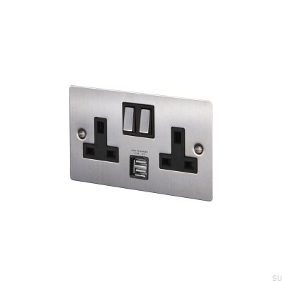 Gniazdo podwójne z USB Typ G UK 2G Stalowe Srebrne Standard Brytyjski
