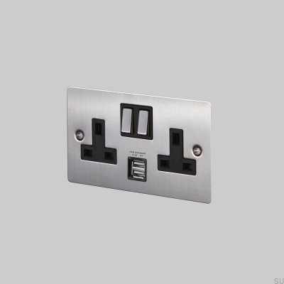 Gniazdo podwójne z USB Typ G UK 2G Stalowe Srebrne Standard Brytyjski