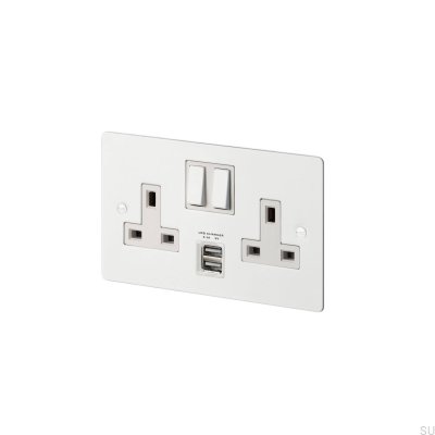 Gniazdo podwójne z USB Typ G UK 2G Stalowe Białe Standard Brytyjski