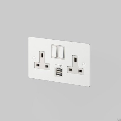 Gniazdo podwójne z USB Typ G UK 2G Stalowe Białe Standard Brytyjski