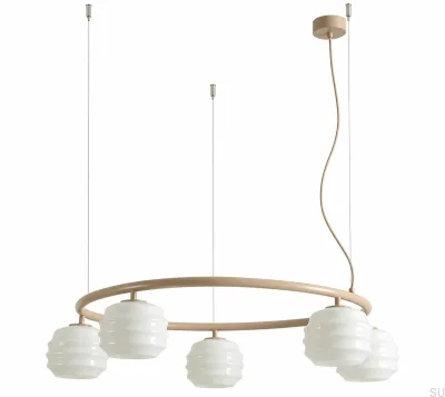 Lampa wisząca Puff 5 Ring Metalowa Beżowa z Mlecznymi Kloszami