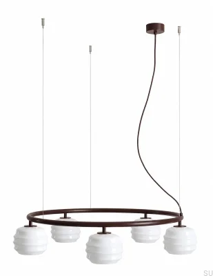 Lampa wisząca Puff 5 Ring Metalowa Brązowa z Mlecznymi Kloszami