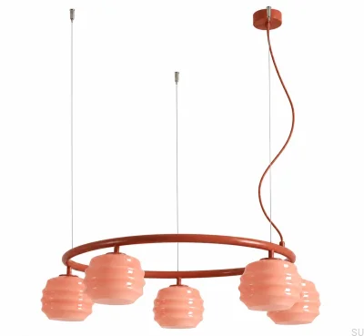 Lampa wisząca Puff Glaze 5 Ring Metalowa Terakotowa z Koralowymi Kloszami
