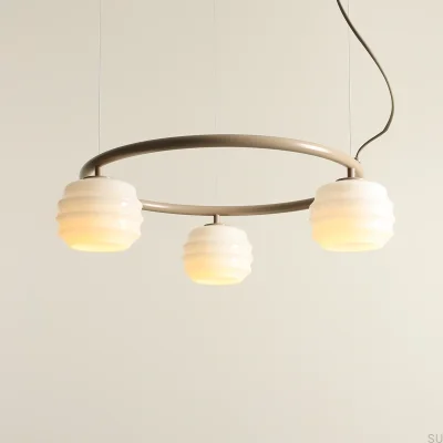 Lampa wisząca Puff 3 Ring Metalowa Beżowa z Mlecznymi Kloszami