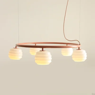 Lampa wisząca Puff 5 Ring Metalowa Koralowa z Mlecznymi Kloszami