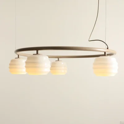 Lampa wisząca Puff 5 Ring Metalowa Beżowa z Mlecznymi Kloszami