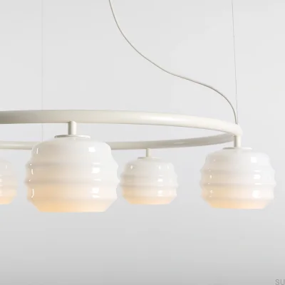 Lampa wisząca Puff 5 Ring Metalowa Kremowa z Mlecznymi Kloszami