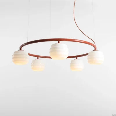 Lampa wisząca Puff 5 Ring Metalowa Terakotowa z Mlecznymi Kloszami